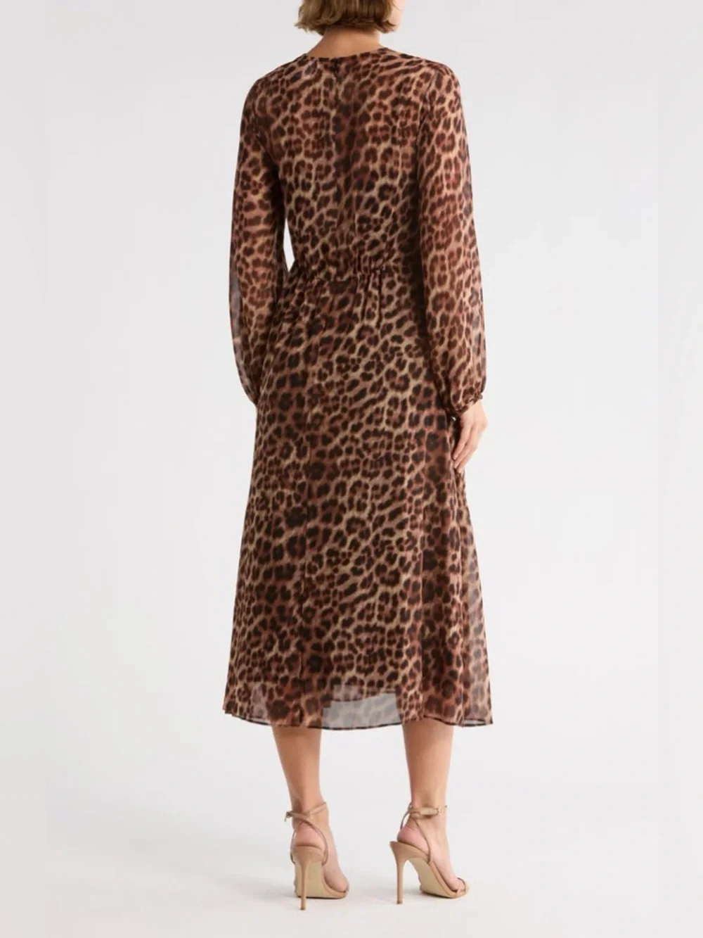 DKNY Chiffon Leopard Print Blouson Sleeve Empire Waist Dress - Picture 8 of 16